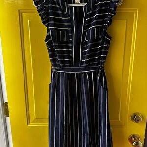 Monteau Navy and White Striped Midi Dress